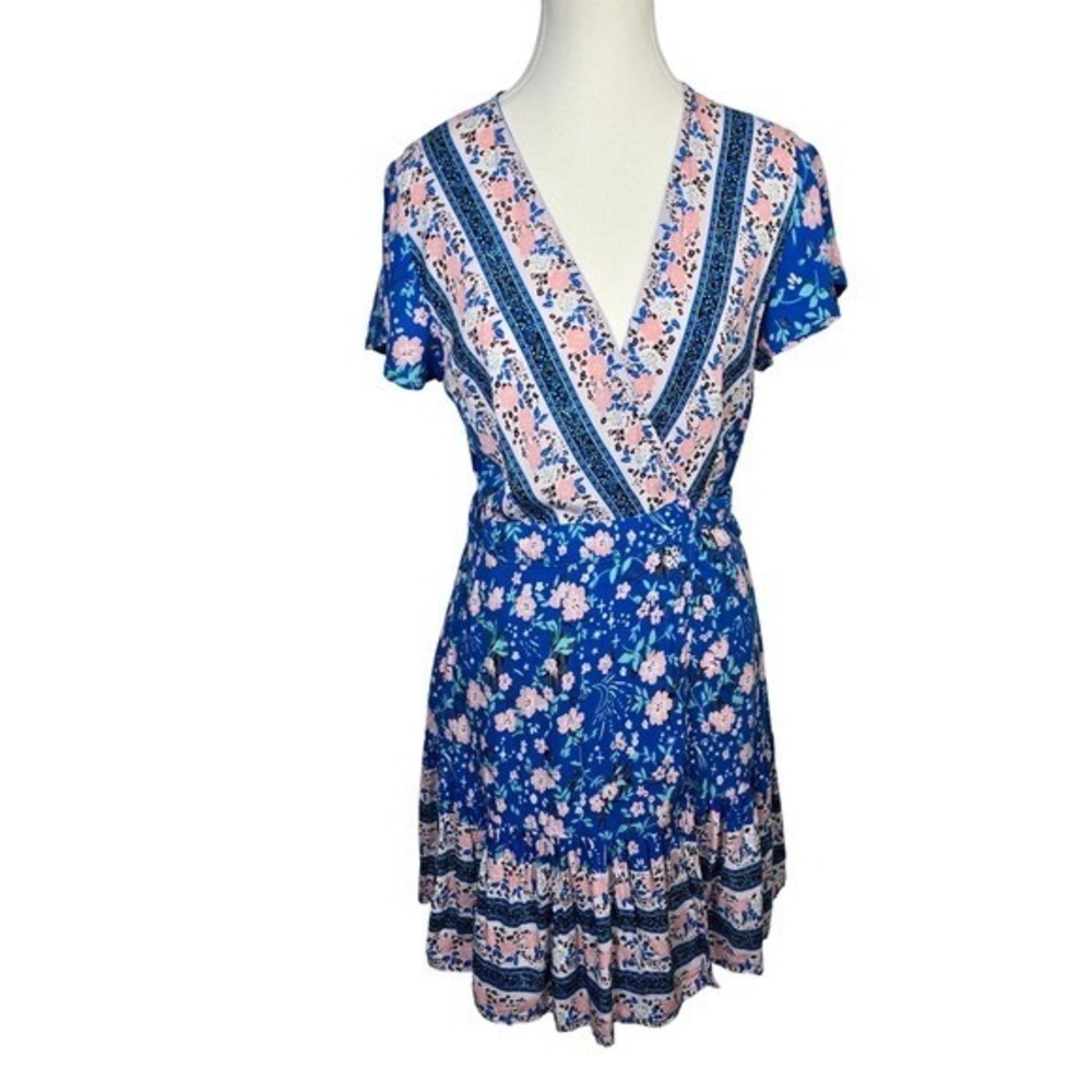 ZESICA‎ Blue Floral Print Mini Dress Short Sleeve Wrap Style Summer Casual